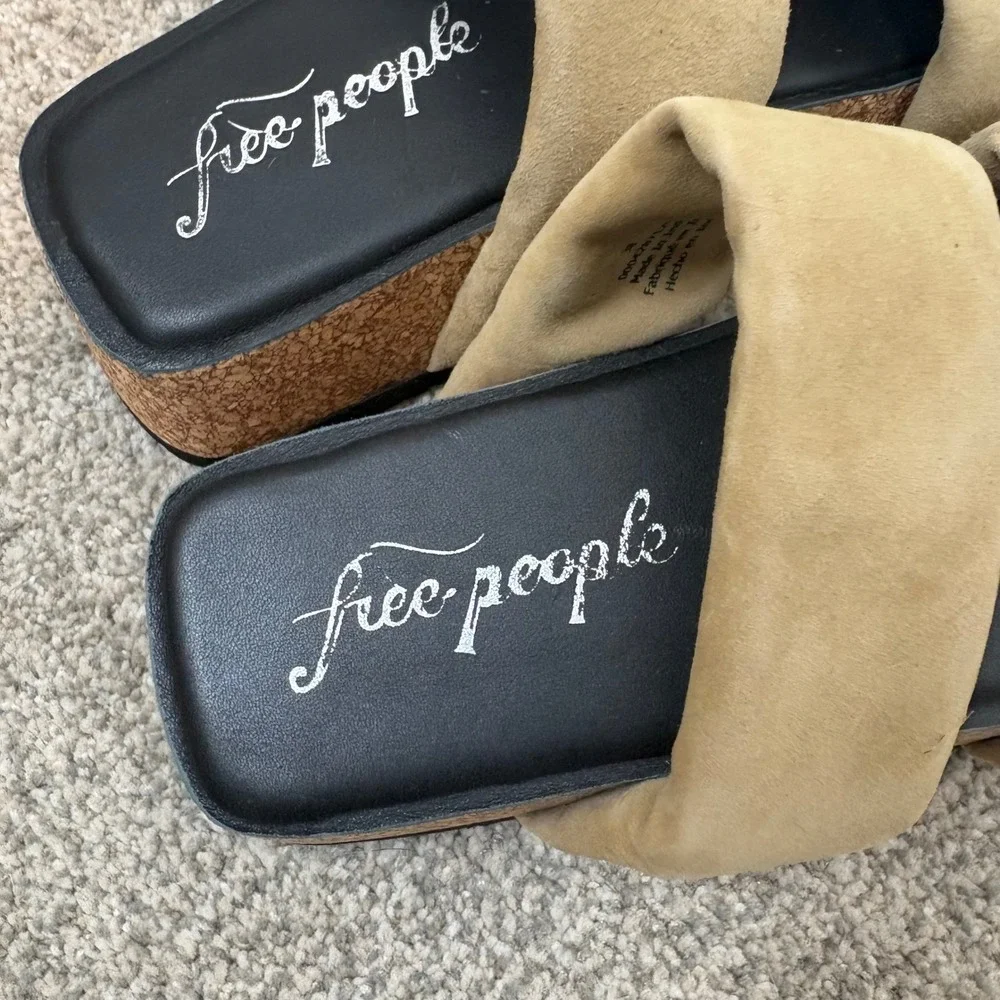 NWOT Free People Fairmount Flared Tan Suede Platform Slide Sandals Boho  38 7.5